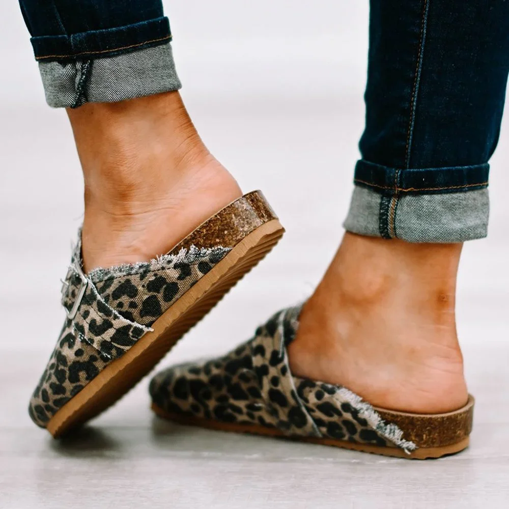 Leopard Buckle Strap Frayed Canvas Slip On Slippers - Picture 7 of 9